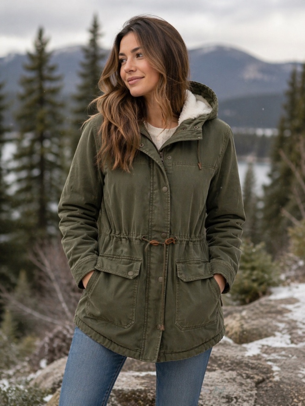 GAP Forest Green Sherpa Utility Jacket Hooded Anorak Small